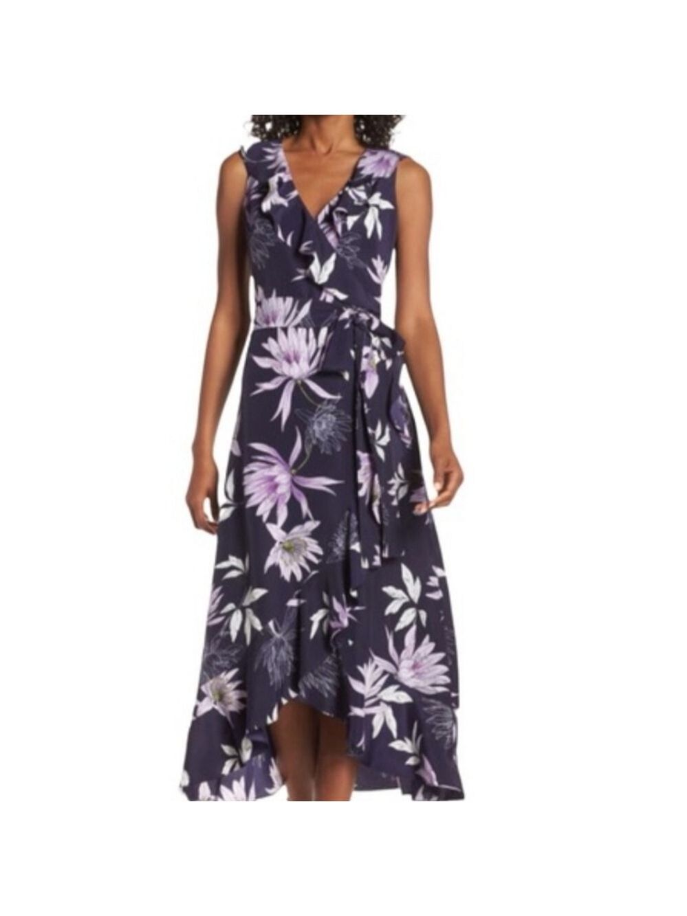 Vince Camuto faux wrap floral ruffle v neck purple/lavender dress. Size 6